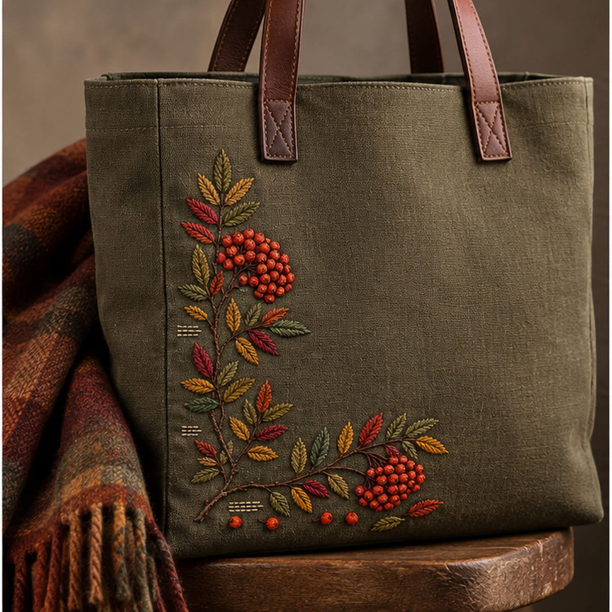 Green linen tote bag mockup featuring the Rowan Corner Ledger hand embroidery design. Rowan branches turn a lower-left corner with berry groups and loose fruit.