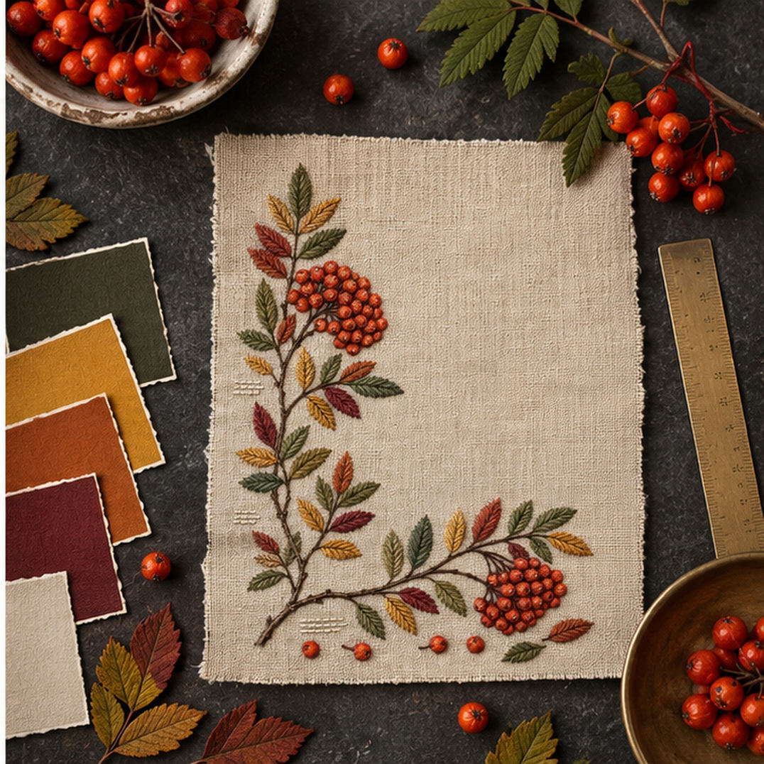 Linen notebook cover mockup featuring the Rowan Corner Ledger hand embroidery design. Rowan branches turn a lower-left corner with berry groups and loose fruit.