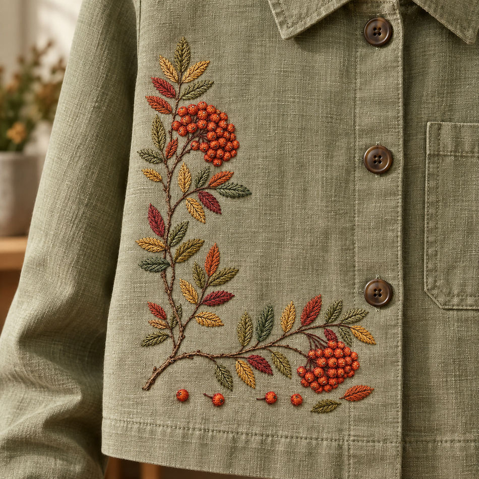Green linen shirt mockup featuring the Rowan Corner Ledger hand embroidery design. Rowan branches turn a lower-left corner with berry groups and loose fruit.