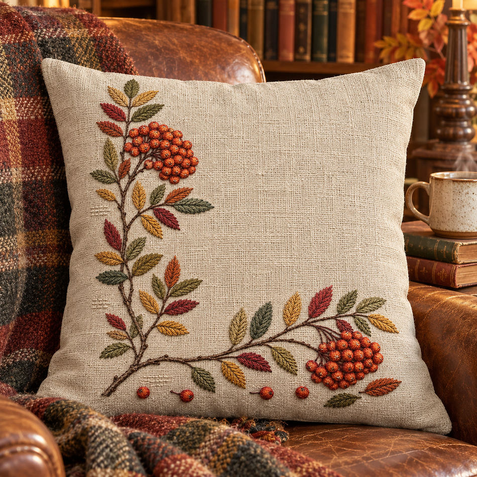 Linen cushion mockup featuring the Rowan Corner Ledger hand embroidery design. Rowan branches turn a lower-left corner with berry groups and loose fruit.