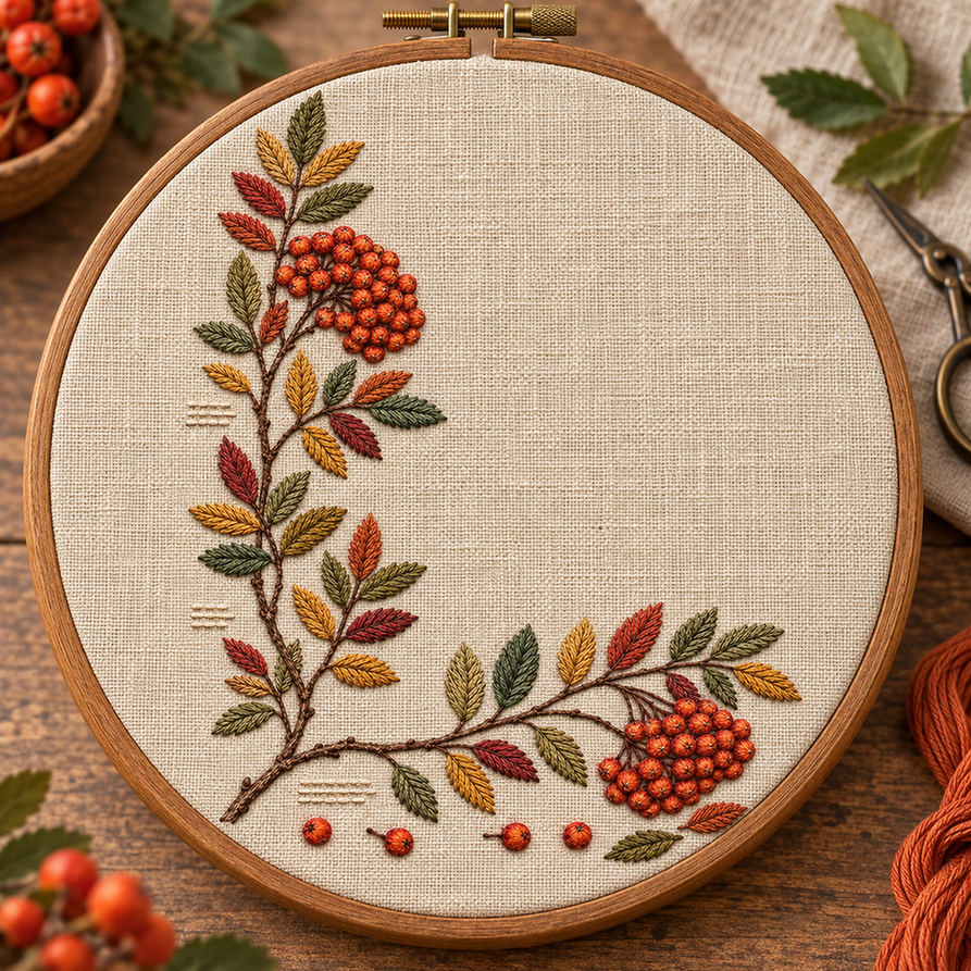 Embroidery hoop mockup featuring the Rowan Corner Ledger hand embroidery design. Rowan branches turn a lower-left corner with berry groups and loose fruit.