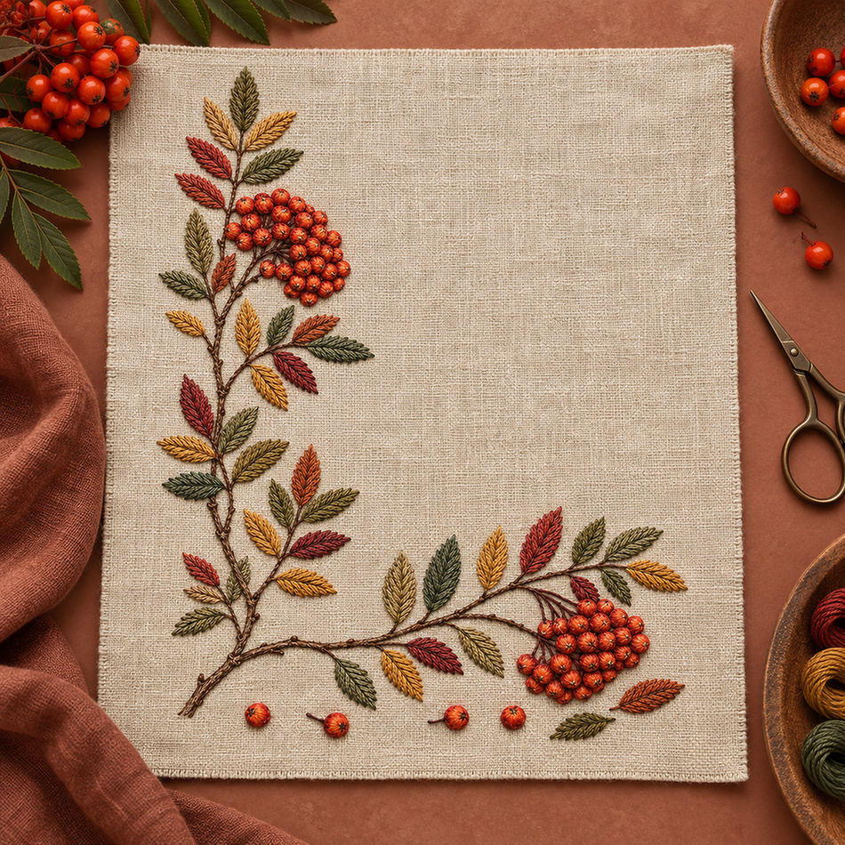 Close view of the rowan corner mockup featuring the Rowan Corner Ledger hand embroidery design. Rowan branches turn a lower-left corner with berry groups and loose fruit.