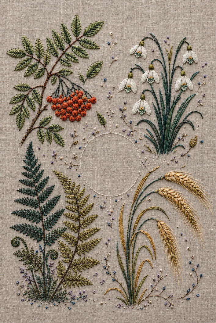 Illustrative embroidery design: Rowan, fern and snowflower groups occupy separate quadrants around an unfilled circle.