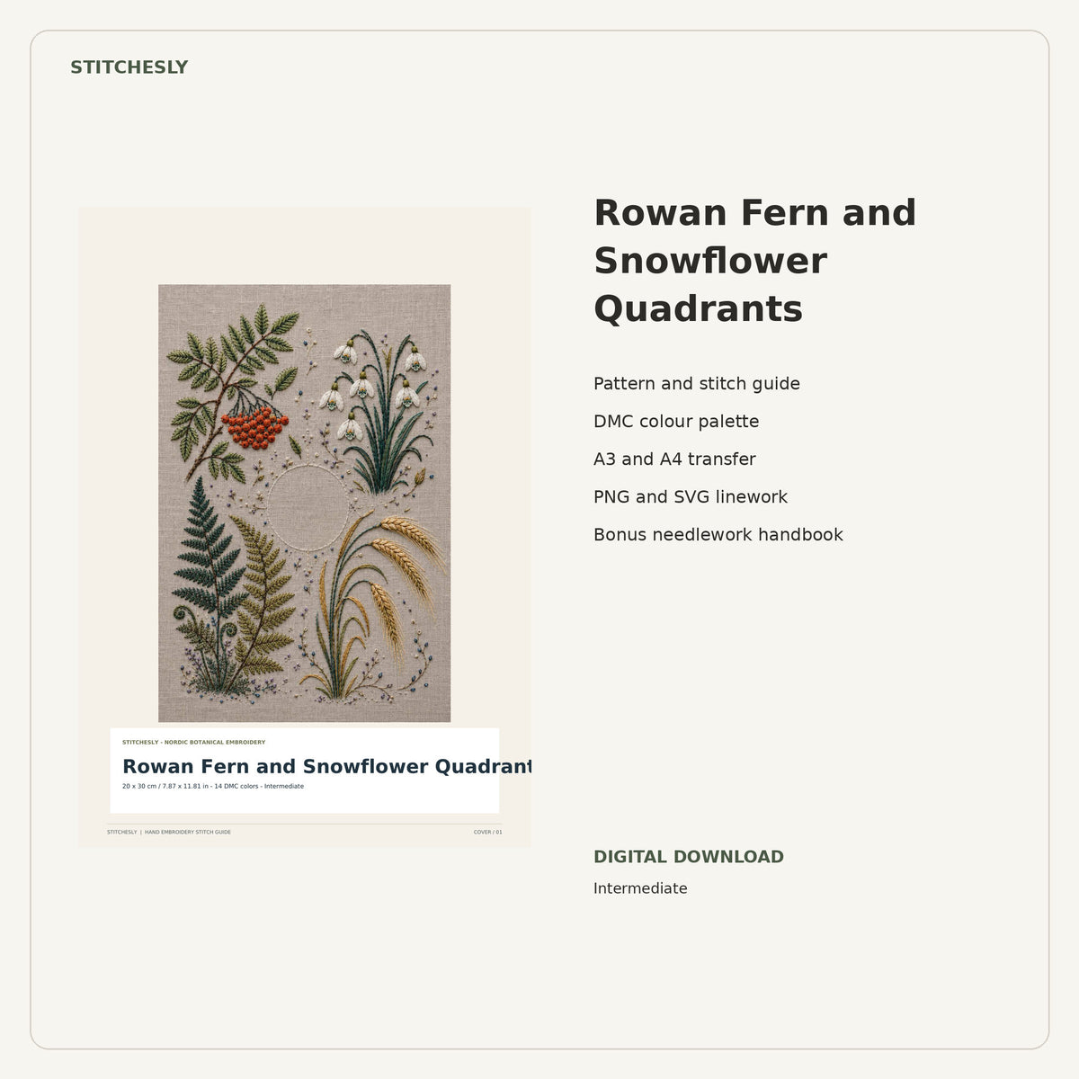 Rowan Fern and Snowflower Quadrants PDF stitch guide cover, pattern files and bonus needlework handbook.