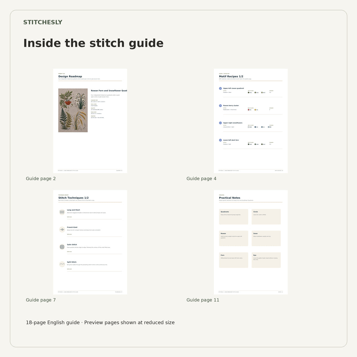 Four reduced-size preview pages from the 18-page Rowan Fern and Snowflower Quadrants stitch guide.