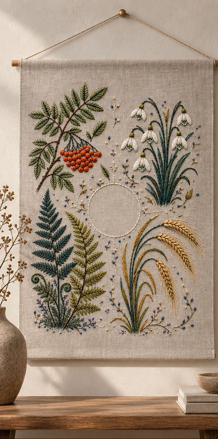 Framed botanical textile mockup featuring the Rowan Fern and Snowflower Quadrants hand embroidery design. Rowan, fern and snowflower groups occupy separate quadrants around an unfilled circle.