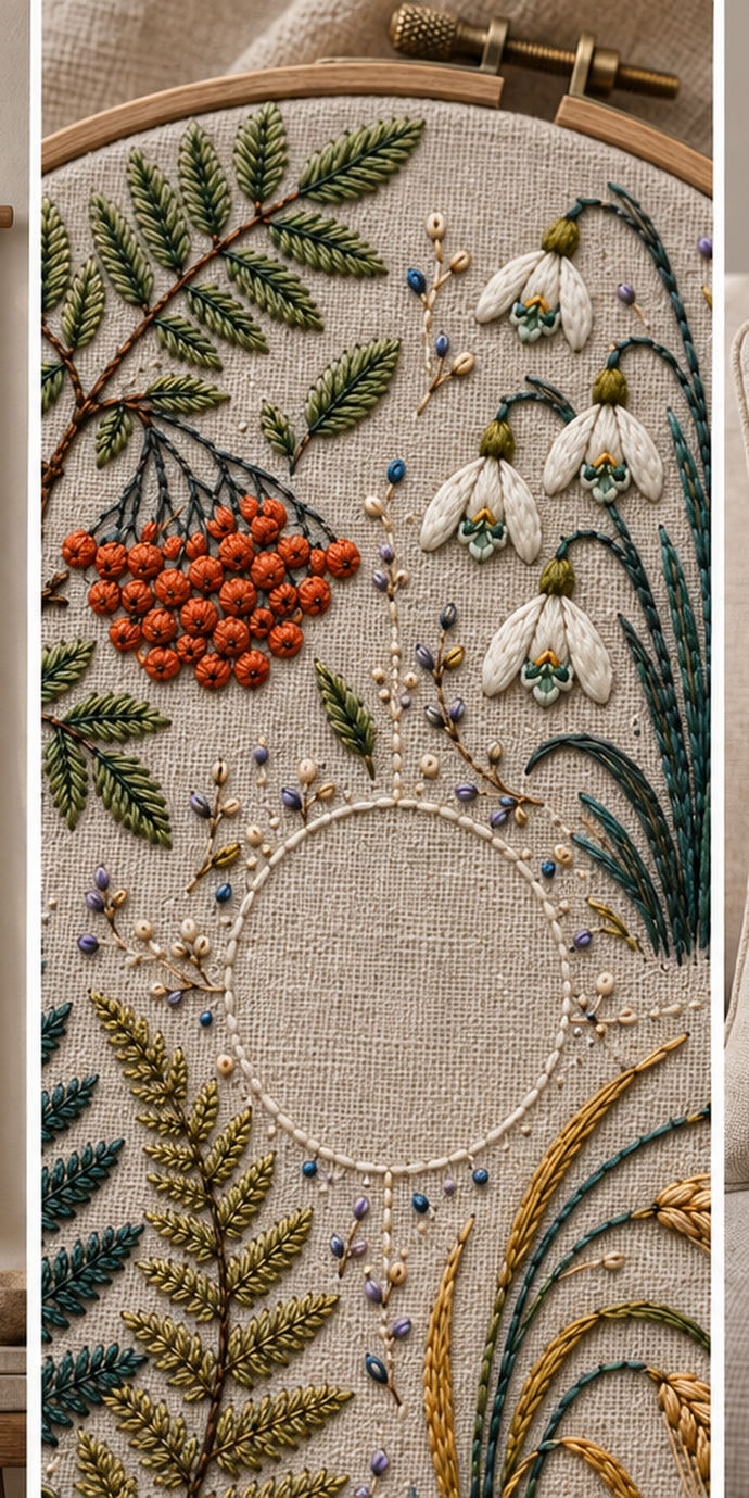 Botanical textile close view mockup featuring the Rowan Fern and Snowflower Quadrants hand embroidery design. Rowan, fern and snowflower groups occupy separate quadrants around an unfilled circle.