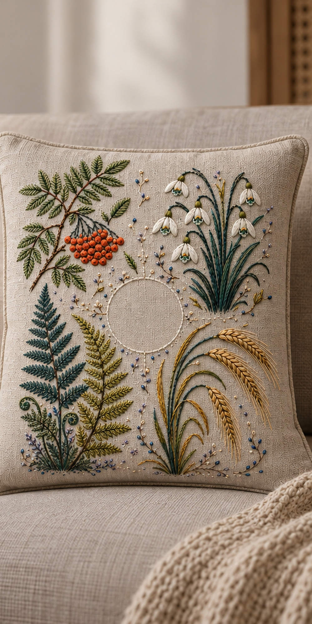 Linen cushion mockup featuring the Rowan Fern and Snowflower Quadrants hand embroidery design. Rowan, fern and snowflower groups occupy separate quadrants around an unfilled circle.