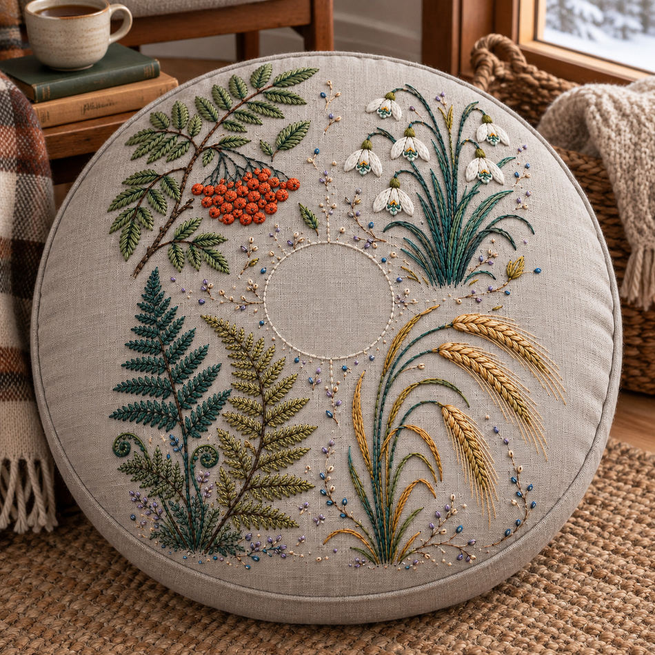Round linen cushion mockup featuring the Rowan Fern and Snowflower Quadrants hand embroidery design. Rowan, fern and snowflower groups occupy separate quadrants around an unfilled circle.