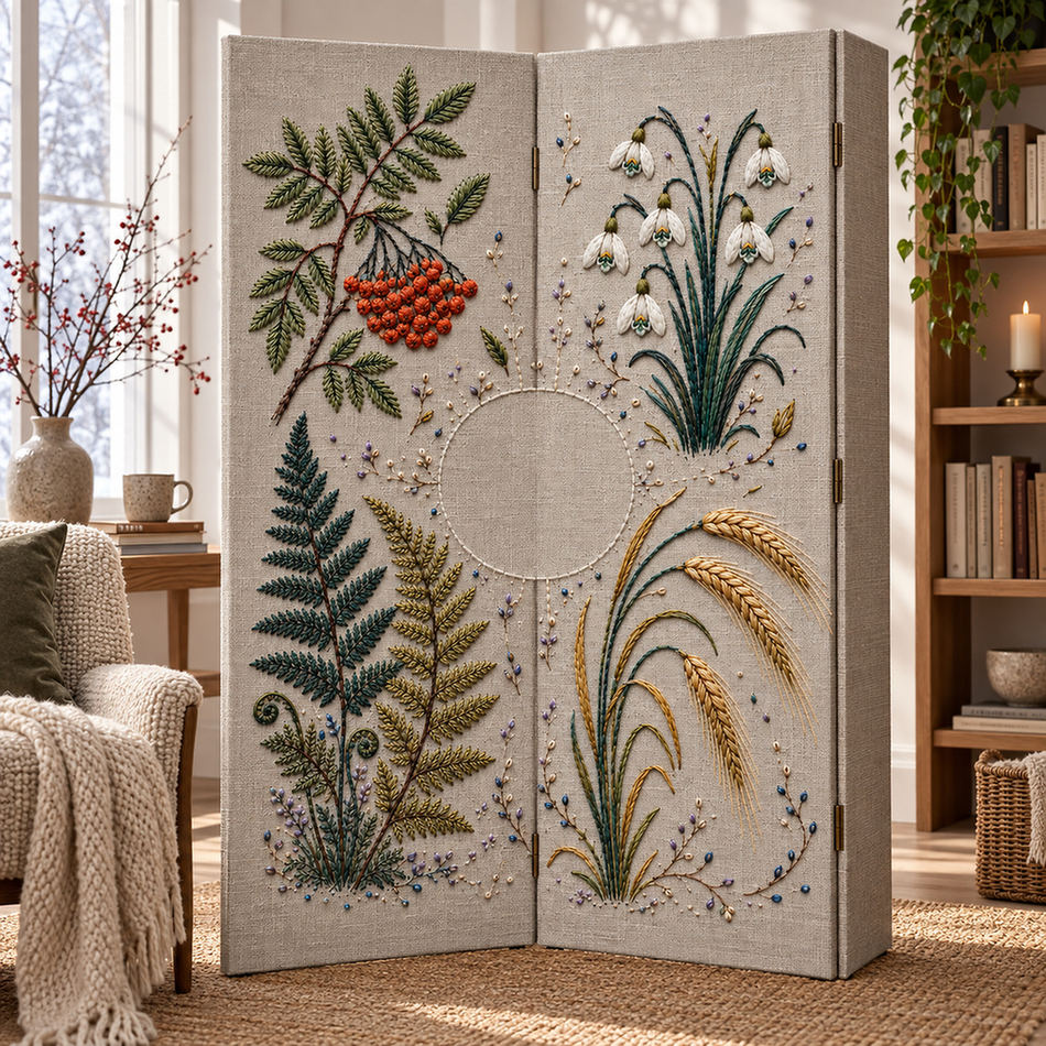 Hanging botanical panel mockup featuring the Rowan Fern and Snowflower Quadrants hand embroidery design. Rowan, fern and snowflower groups occupy separate quadrants around an unfilled circle.