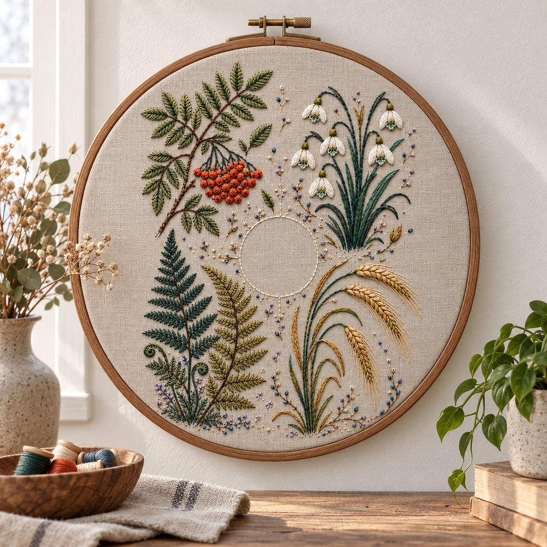 Embroidery hoop mockup featuring the Rowan Fern and Snowflower Quadrants hand embroidery design. Rowan, fern and snowflower groups occupy separate quadrants around an unfilled circle.