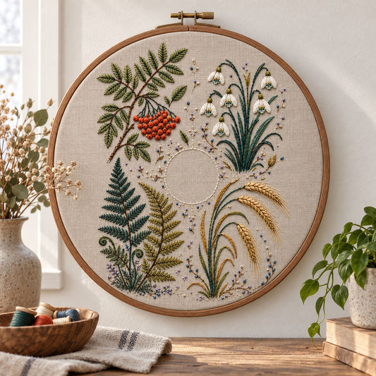 Embroidery hoop mockup featuring the Rowan Fern and Snowflower Quadrants hand embroidery design. Rowan, fern and snowflower groups occupy separate quadrants around an unfilled circle.