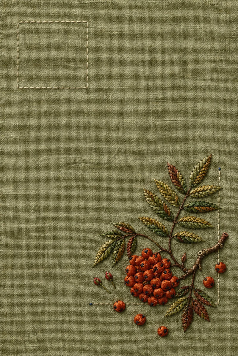 Illustrative embroidery design: Rowan berries and branching leaves occupy a lower-right corner beneath a clear label square.