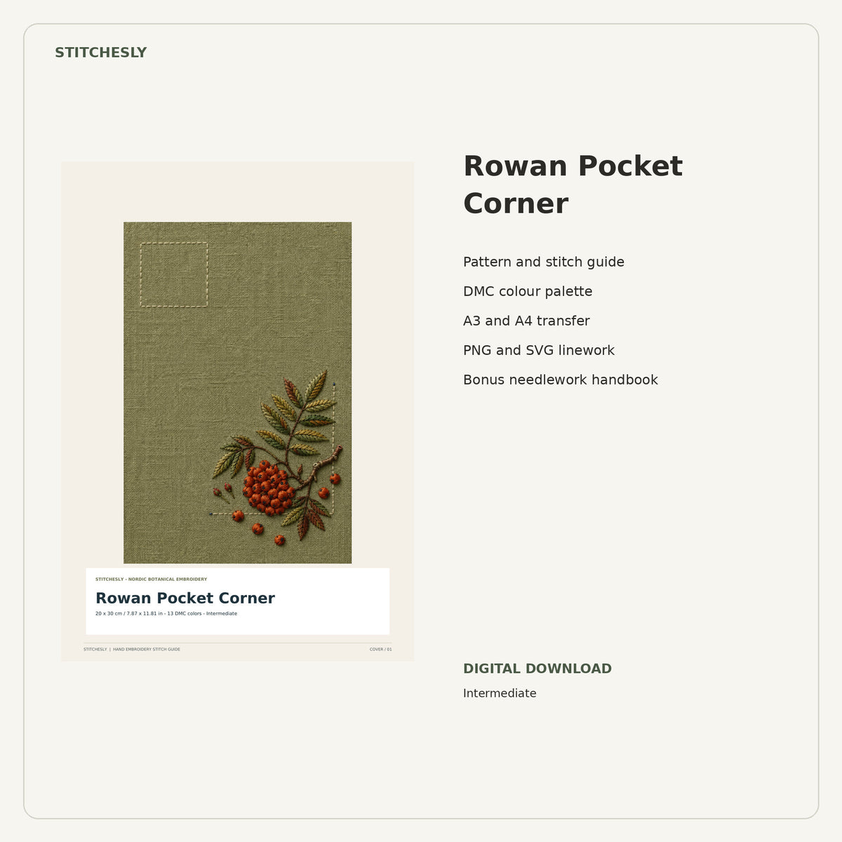 Rowan Pocket Corner PDF stitch guide cover, pattern files and bonus needlework handbook.
