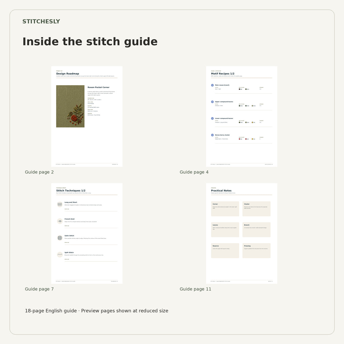 Four reduced-size preview pages from the 18-page Rowan Pocket Corner stitch guide.