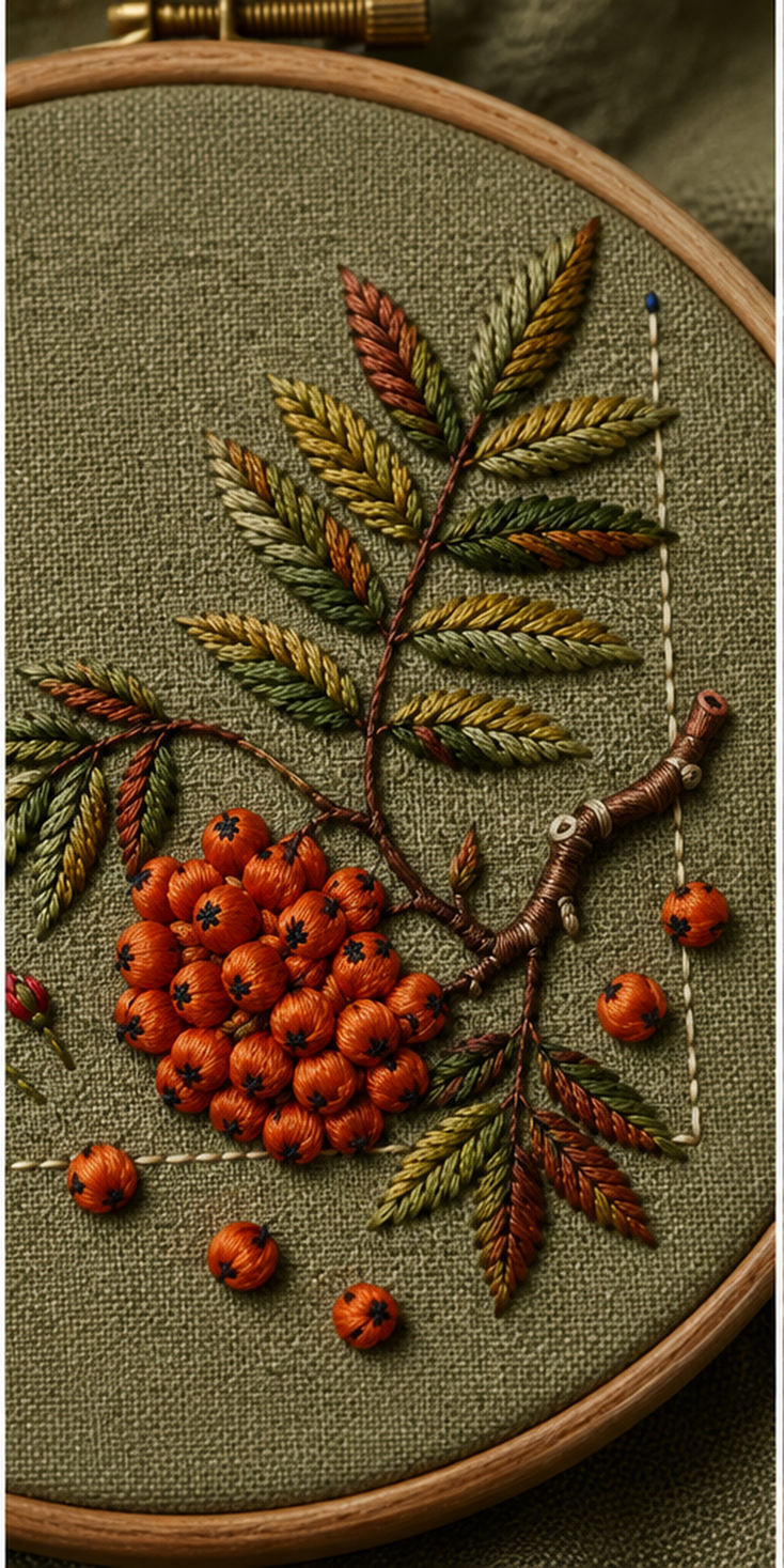 Botanical textile flat lay mockup featuring the Rowan Pocket Corner hand embroidery design. Rowan berries and branching leaves occupy a lower-right corner beneath a clear label square.