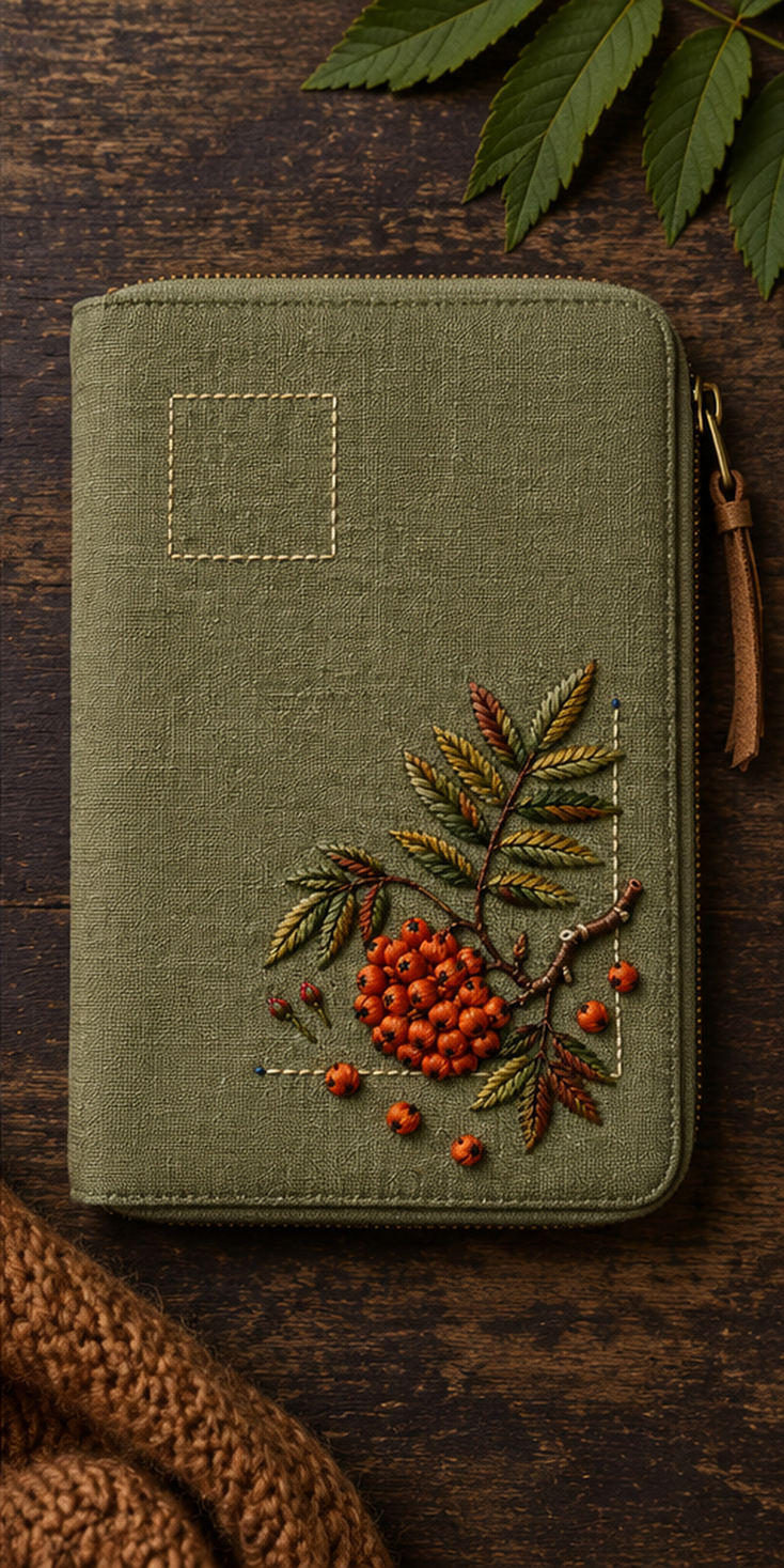 Linen pocket panel mockup featuring the Rowan Pocket Corner hand embroidery design. Rowan berries and branching leaves occupy a lower-right corner beneath a clear label square.