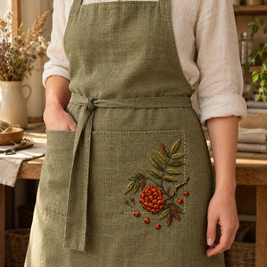 Green linen dress pocket mockup featuring the Rowan Pocket Corner hand embroidery design. Rowan berries and branching leaves occupy a lower-right corner beneath a clear label square.