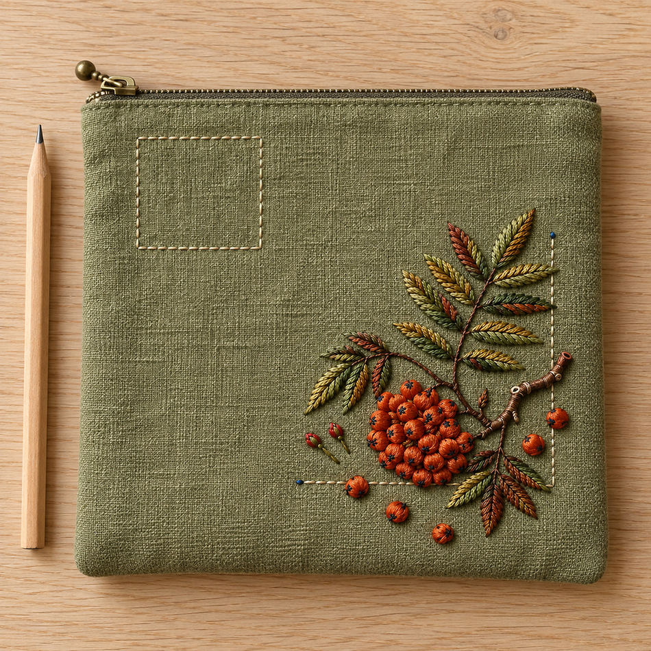 Green linen pocket panel mockup featuring the Rowan Pocket Corner hand embroidery design. Rowan berries and branching leaves occupy a lower-right corner beneath a clear label square.