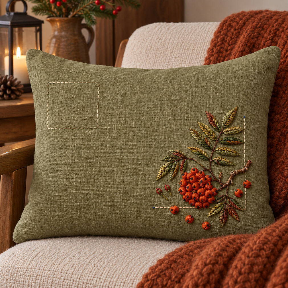 Green linen cushion mockup featuring the Rowan Pocket Corner hand embroidery design. Rowan berries and branching leaves occupy a lower-right corner beneath a clear label square.