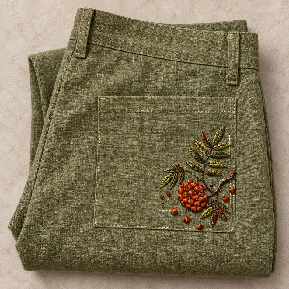 Green linen garment pocket mockup featuring the Rowan Pocket Corner hand embroidery design. Rowan berries and branching leaves occupy a lower-right corner beneath a clear label square.