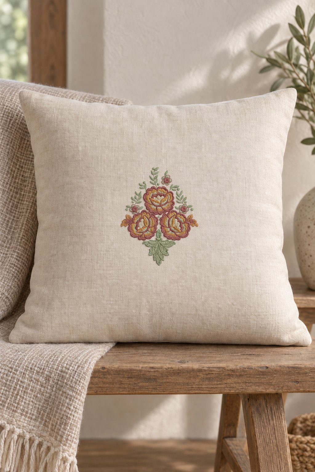 Ivory square cushion with a modest central bouquet of three large flowers, small blossoms and a lower fan leaf.
