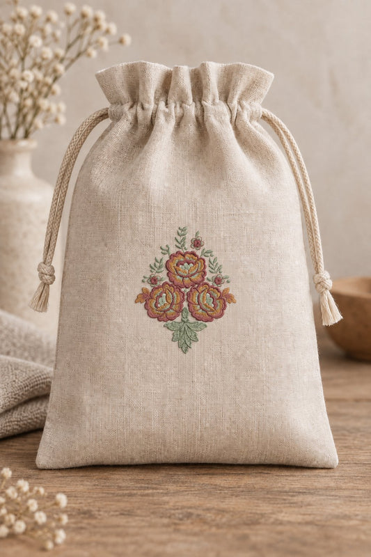 Natural linen drawstring pouch with a small five-color folk bouquet centered below the gathered opening.