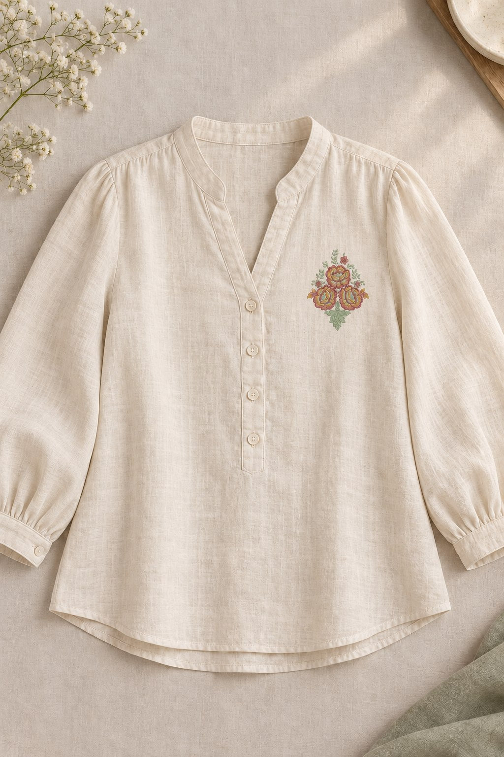 Ivory linen blouse with a small five-color floral bouquet on the left upper chest.
