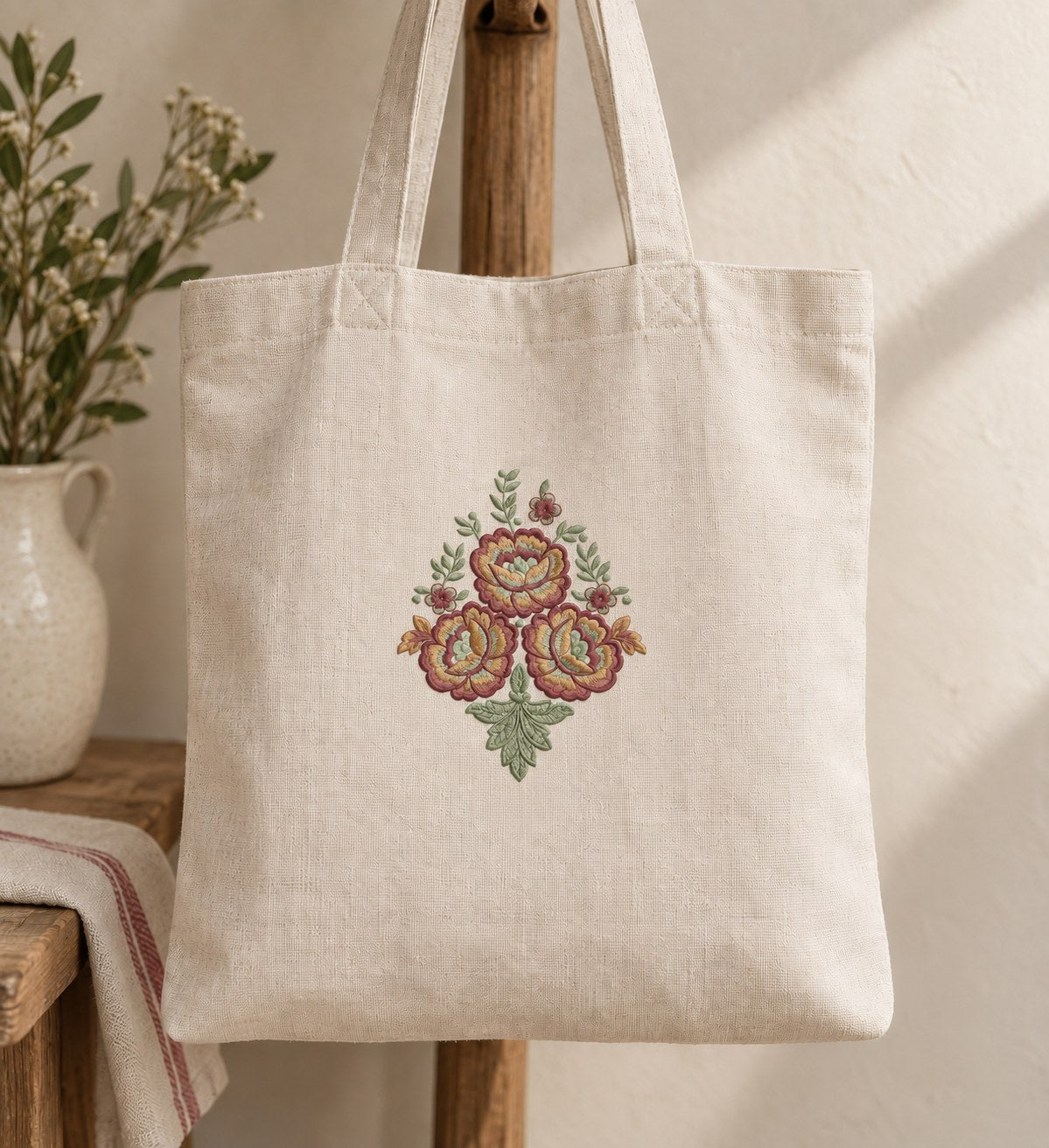 Ivory linen tote with a compact three-flower folk bouquet in sage, dusty rose, champagne, terracotta and plum.