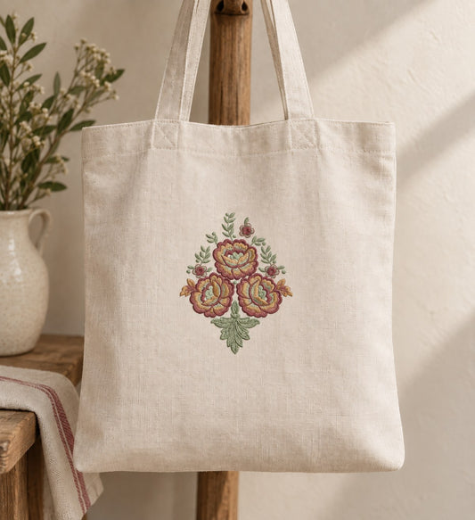 Ivory linen tote with a compact three-flower folk bouquet in sage, dusty rose, champagne, terracotta and plum.