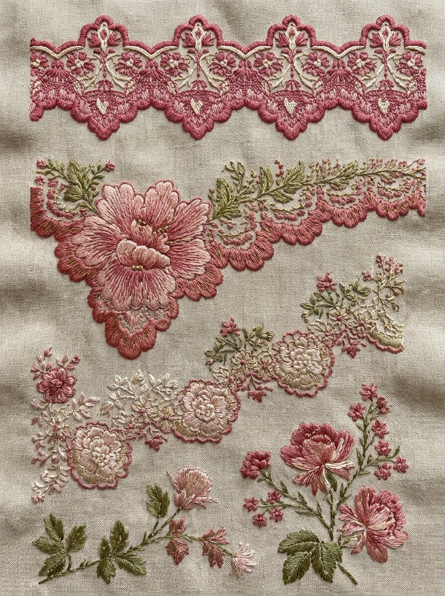Scalloped Lace And Botanical Border from Classic Frames & Borders Book 1, a digital embroidery design reference for machine embroidery designs, embroidery patterns and border and edge embroidery.