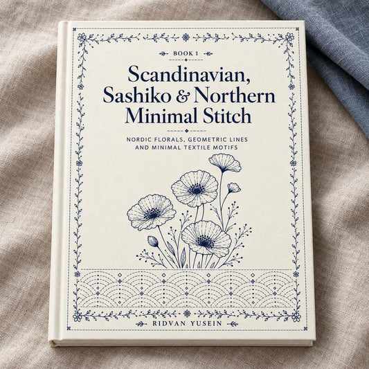 Hardcover mockup of Scandinavian, Sashiko & Northern Minimal Stitch Book 1 on linen; digital download, no physical book.