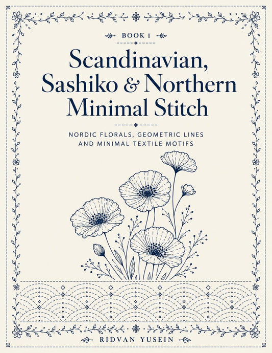 Book 1 cover with blue Nordic flowers and sashiko-inspired waves: Scandinavian, Sashiko & Northern Minimal Stitch.