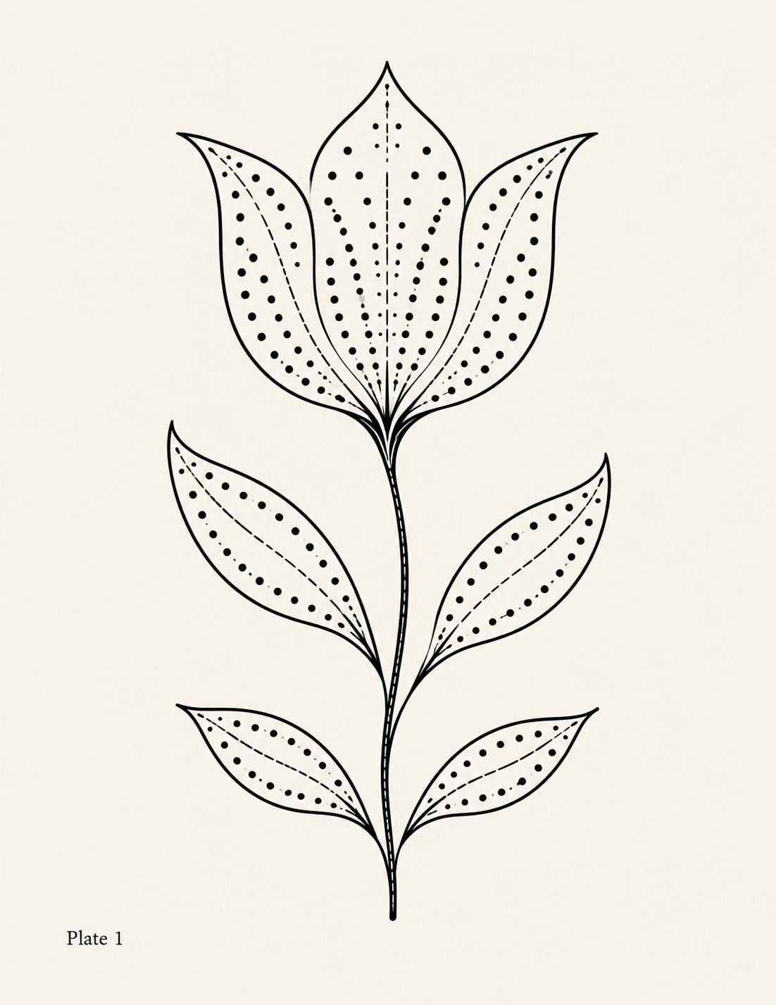 Plate 1 drawing: dotted tulip with paired leaves, a Scandinavian floral embroidery design from Book 1.