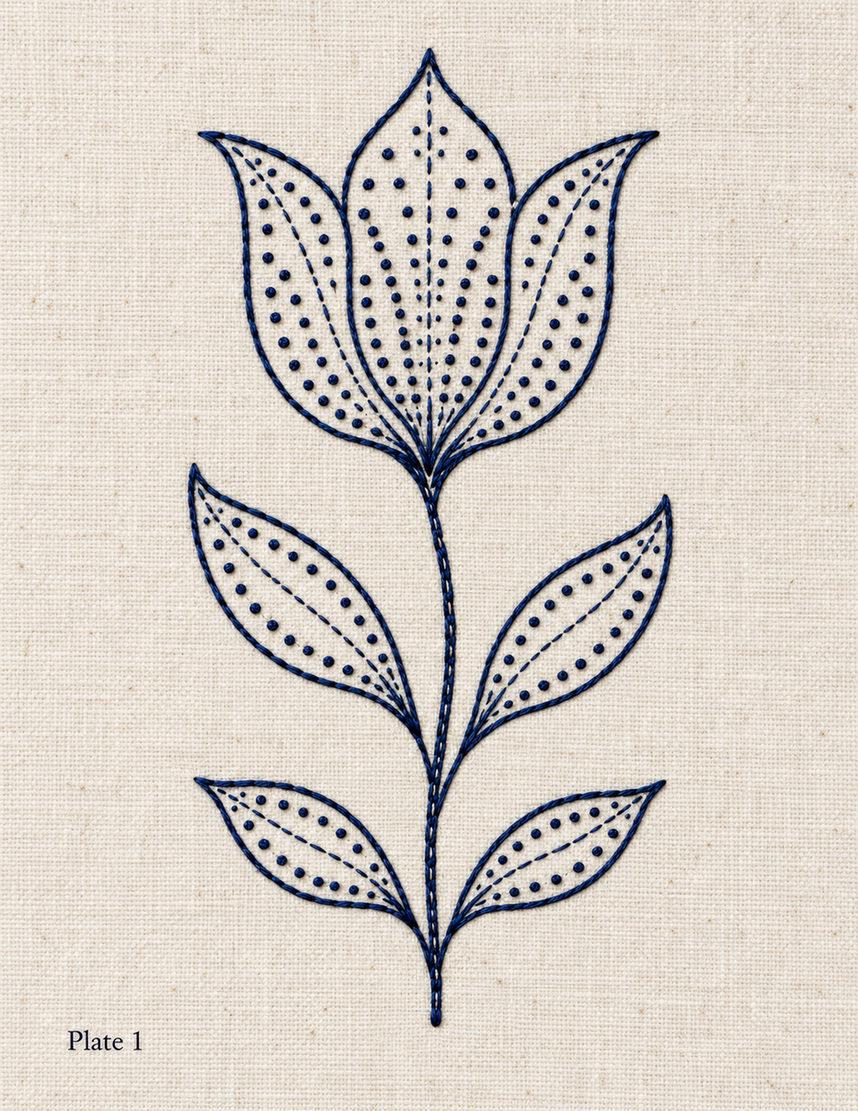 Plate 1 embroidered reference: navy dotted tulip with paired leaves on natural linen.