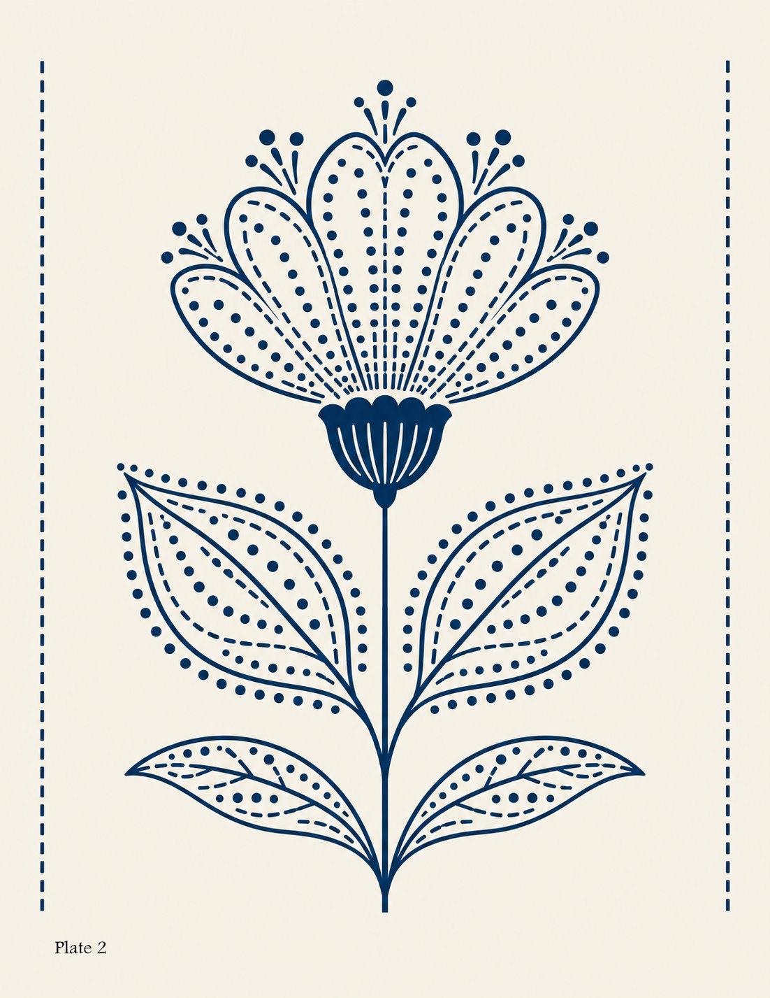 Plate 2 drawing: indigo folk blossom with four leaves, dotted details and two vertical stitched-line borders.