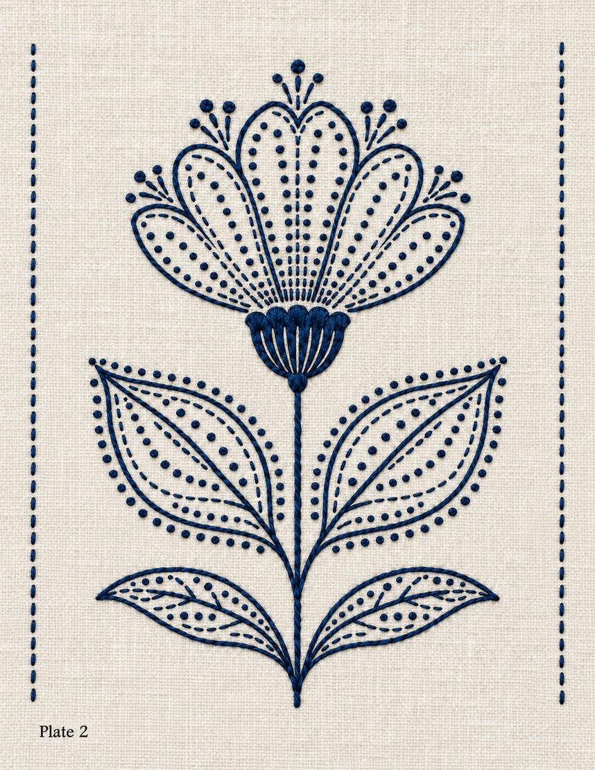 Plate 2 embroidered reference: indigo folk blossom with four leaves and dotted borders on cream linen.