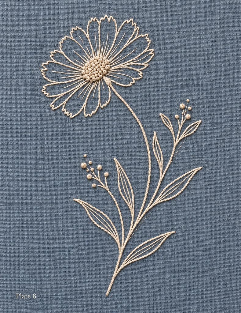 Plate 8 embroidered reference: cream daisy, slender leaves and seed sprigs on blue linen.