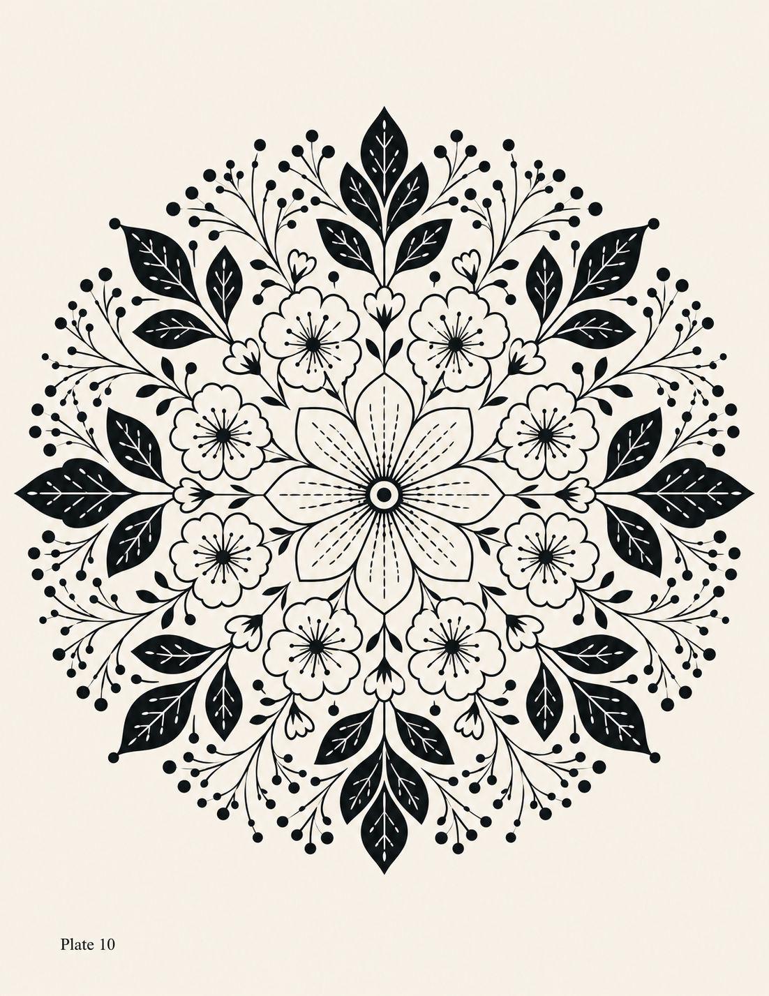 Plate 10 drawing: radiant floral medallion with symmetrical flowers, leaves and dotted botanical details.