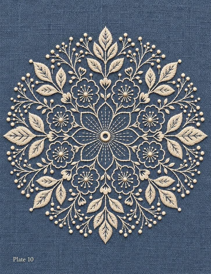 Plate 10 embroidered reference: a symmetrical cream floral medallion with leafy details on blue linen.