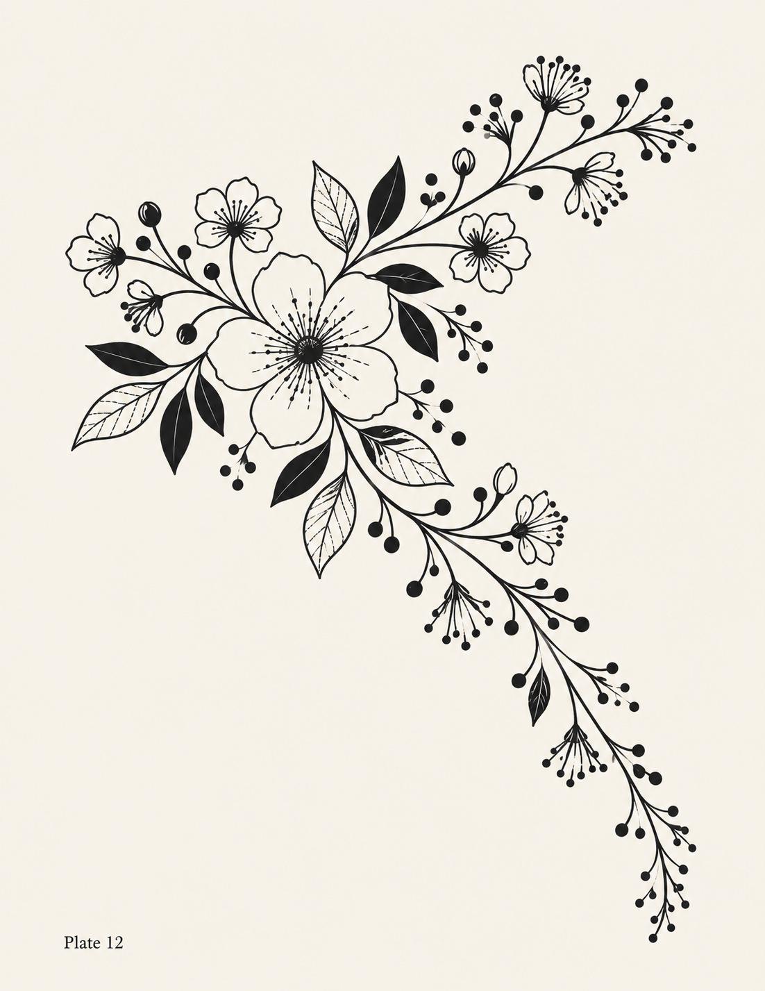Plate 12 drawing: diagonal folk floral spray with a large central flower, smaller blossoms, leaves and berries.