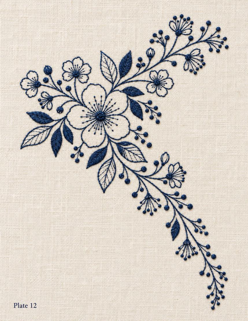 Plate 12 embroidered reference: navy diagonal floral spray with blossoms, leaves and berries on natural linen.
