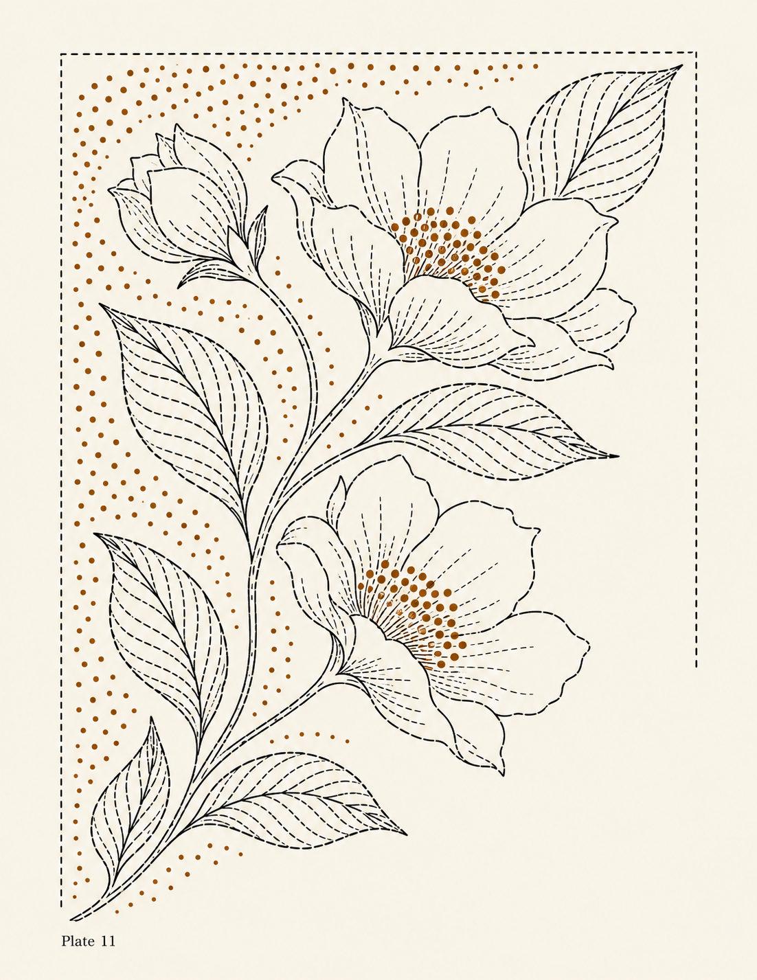 Plate 11 drawing: ochre-accented flowering branch with large open blossoms, leaves and a dotted corner border.