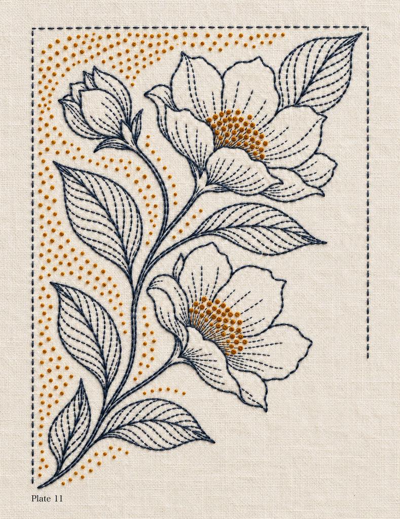 Plate 11 embroidered reference: navy flowering branch with ochre flower centers and dotted border on cream linen.