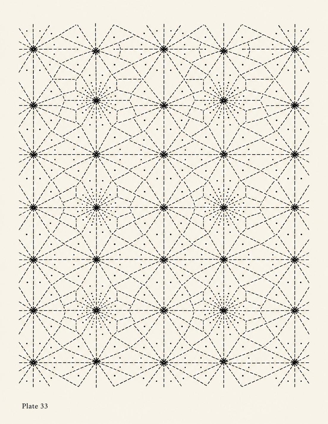 Plate 33 drawing: curved star lattice with repeating geometric lines and dotted details inspired by sashiko.