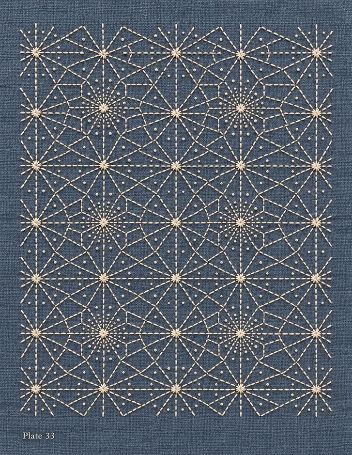 Plate 33 embroidered reference: repeating cream star lattice with ochre intersections on blue fabric.