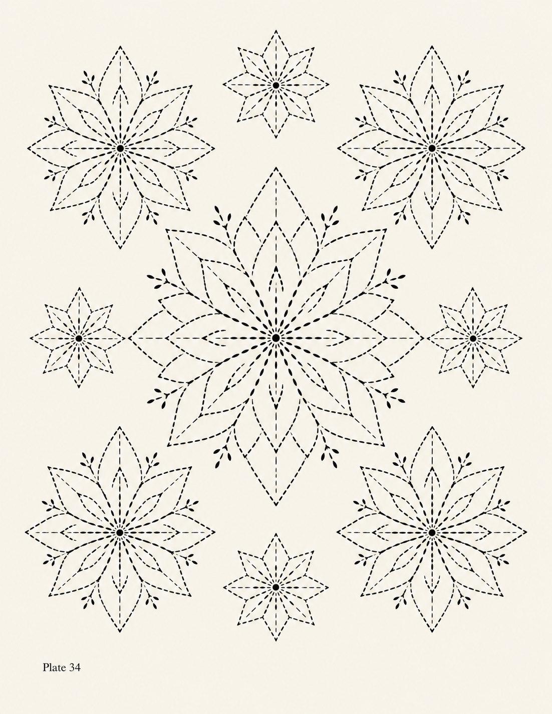 Plate 34 drawing: layered petal star medallions in several sizes, arranged as a Nordic geometric motif study.