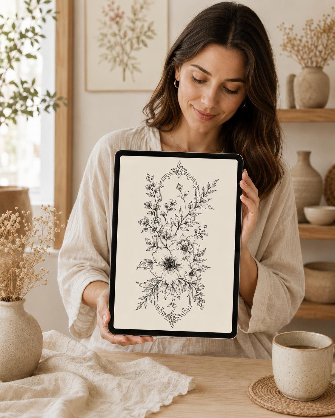 Lifestyle preview of a woman holding a tablet displaying a botanical embroidery drawing from the digital design library.
