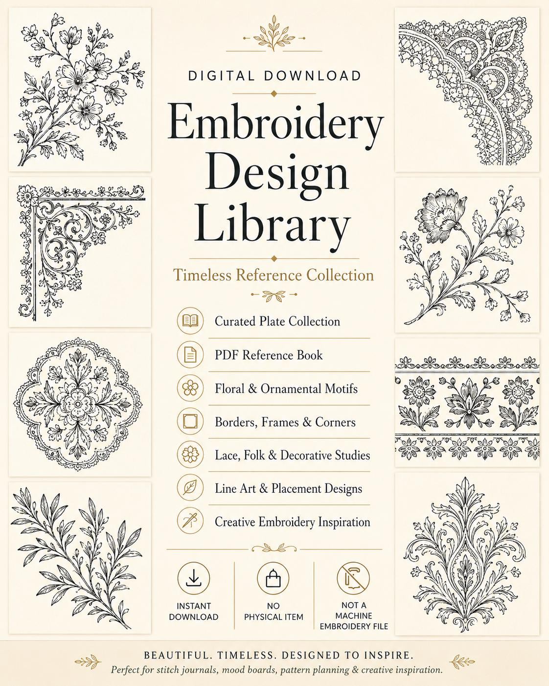 Digital Embroidery Design Library overview showing floral motifs, ornamental frames, borders and digital-download information.