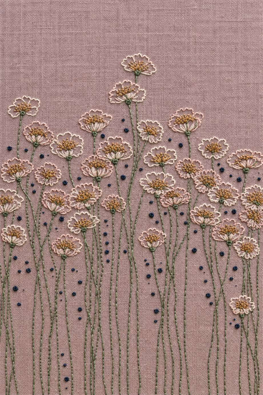 airy small flower meadow border, rendered as fine cotton hand embroidery. Scandinavian, Sashiko and Northern Minimal Stitch, Book Two.